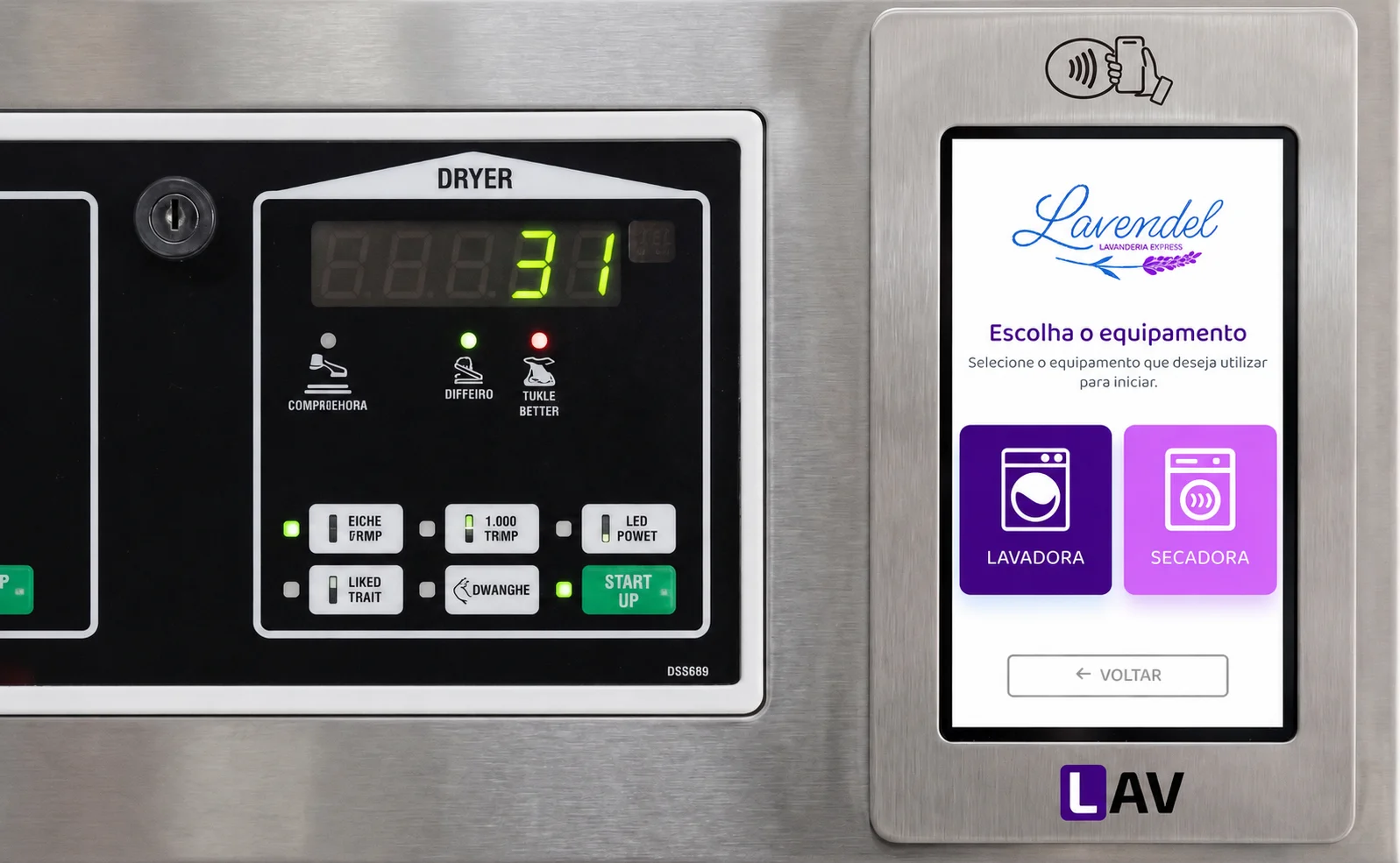 Terminal LAV integrado ao painel de uma lavadora e secadora
